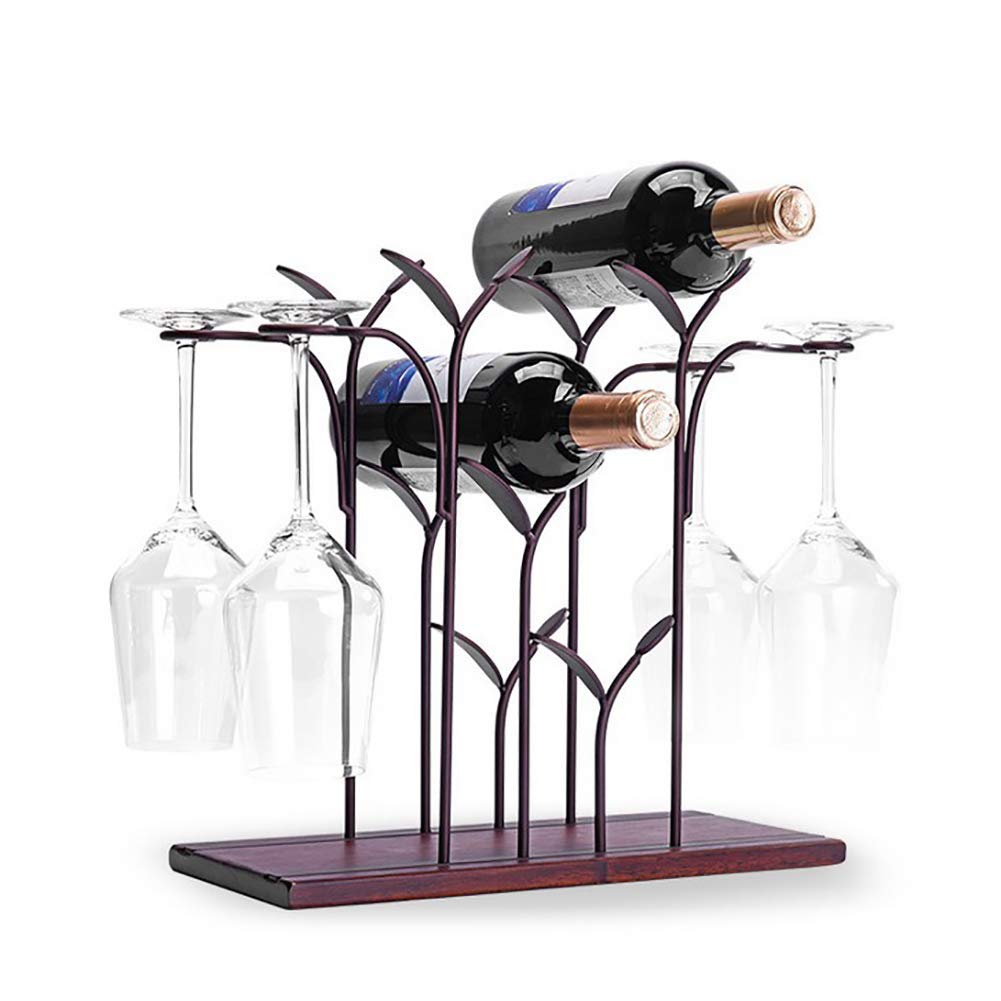 Casier à vin en métal pour 4 bouteilles avec porte-verres suspendus et socle bois