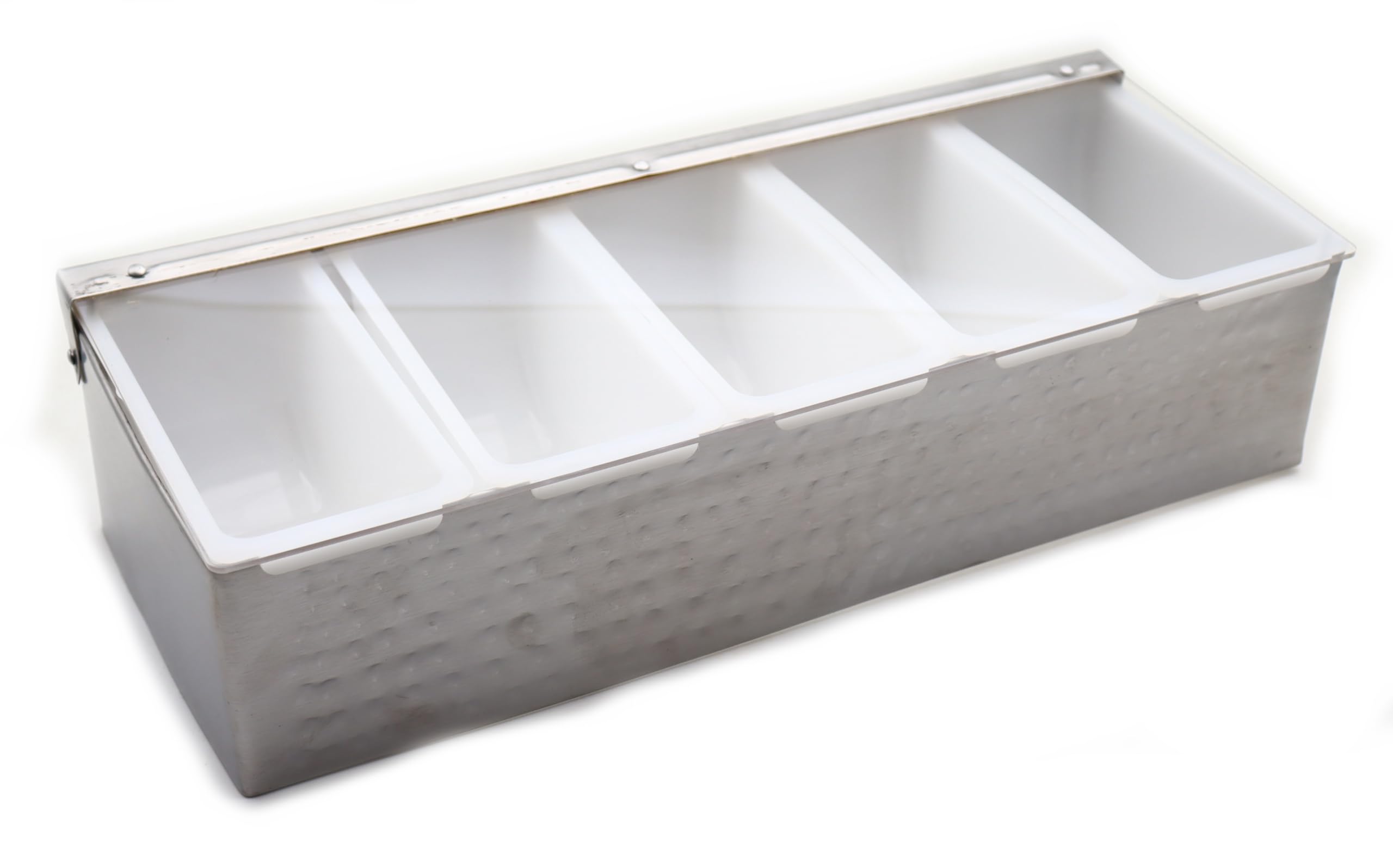 Porta Condimenti 5 Vaschette in Acciaio Inox Martellato, Dispensatore di Condimenti, Contenitore Portacondimenti con Coperchio Pizza Bar , Vassoio per Frutta Contorno e Condimento (5 scomparti)
