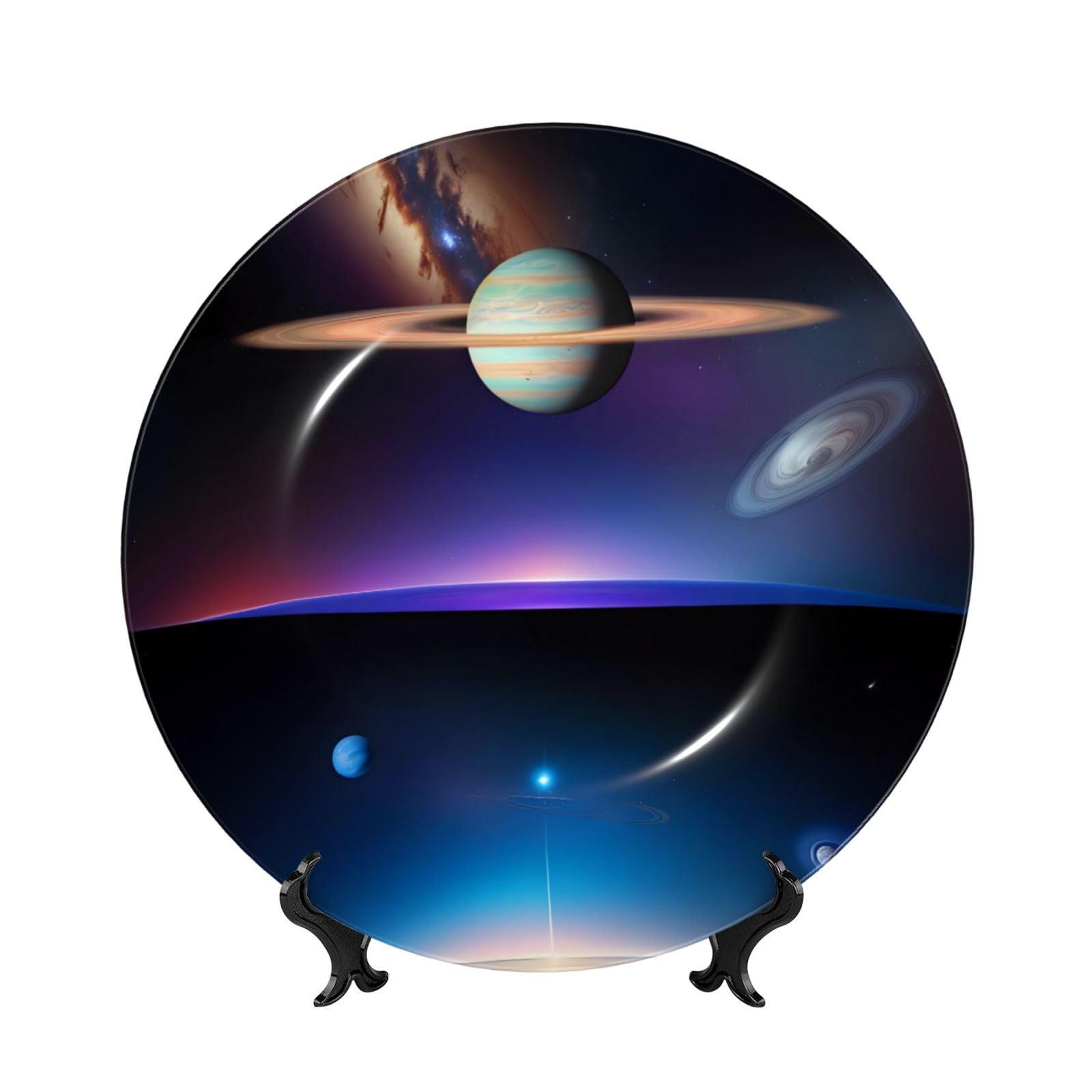 SXZVVBN Cosmic Saturn Bone China Decorative Plate Art with Stand Removable Adhesive Hanging for Home Office 7in