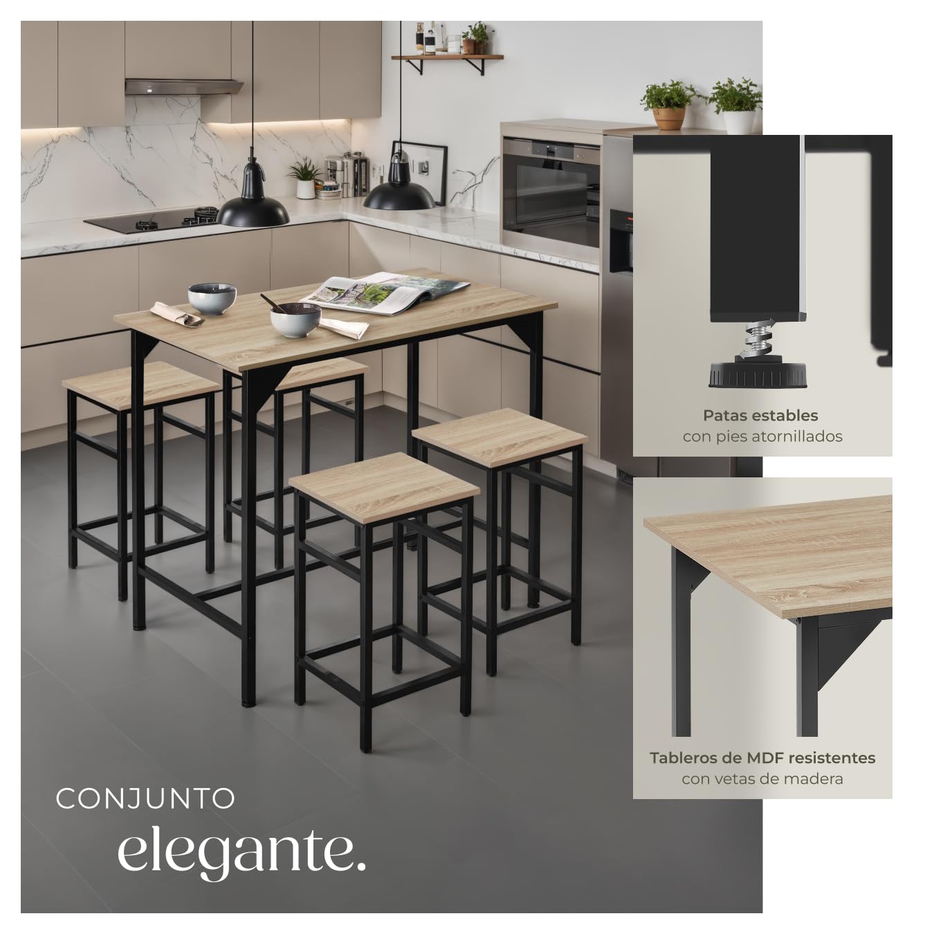 tectake® Mesa Alta de Bar con 4 Taburetes, Mueble de Cocina Estilo Industrial, Diseño Comedor y Mesa Cocina, Muebles de Salon, Taburete - 100 x 124 x 88,5 cm Madera Industrial Clara, Roble Sonoma