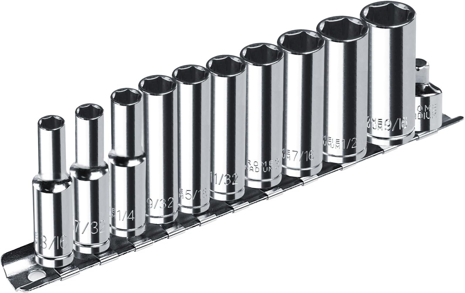 1/4” Drive SAE Socket Set, 11PCS Deep Hex Socket Set (3/16”-9/16”), Cover Most Commonly Sizes, Chrome Vanadium Steel with 3/8”F to 1/4”M Socket Adapter