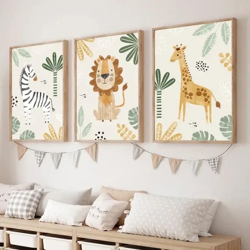 BeiYiHo 3 Affiche Animaux Jungle Chambre Bebe Garcon Deco Chambre Theme Lion Girafe Zebre Savane Tableau Décoration Murale Enfant Poster 21x30cm Safari...