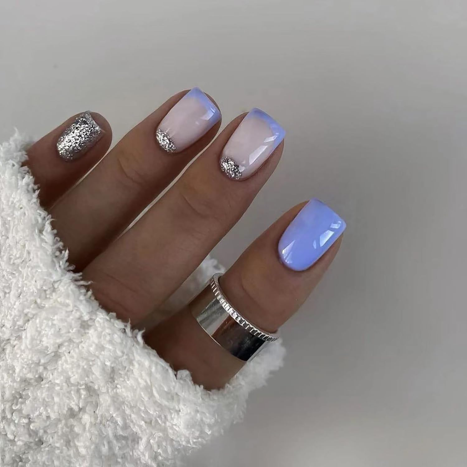 Blue White Press on Nails Short, Silver Glitter Fake Nails French Tip Designs Square False Nails With Glue Acrylic Nails for Women and Girls 24pcs