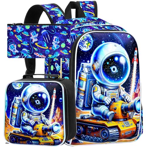 Image of WZLVO 3PCS Astronaut Bookbag for Boys, 16 inch Cool UV Printing Kids Backpack /School Bag with Lunch Box & Pencil Bag for Preschool to Elementary - Astronaut Driving a Yellow Tank