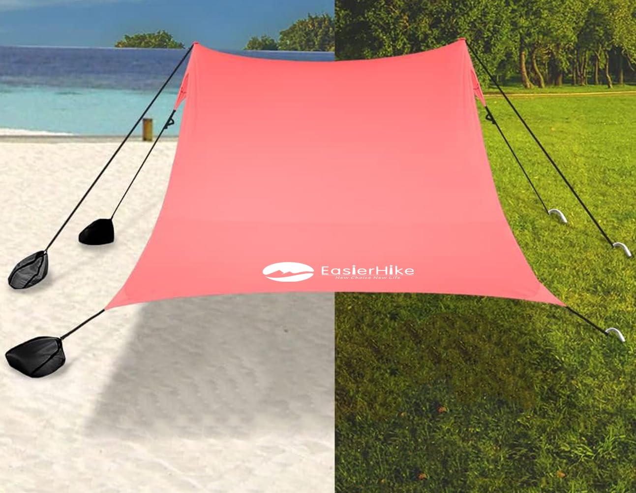 easierhike Beach Canopy Windproof Design, Sun Shelter UPF50+ Portable Family Tent with 6 Sandbags Anchors 10x10 FT 2 Pole Pop Up Outdoor Shelter for