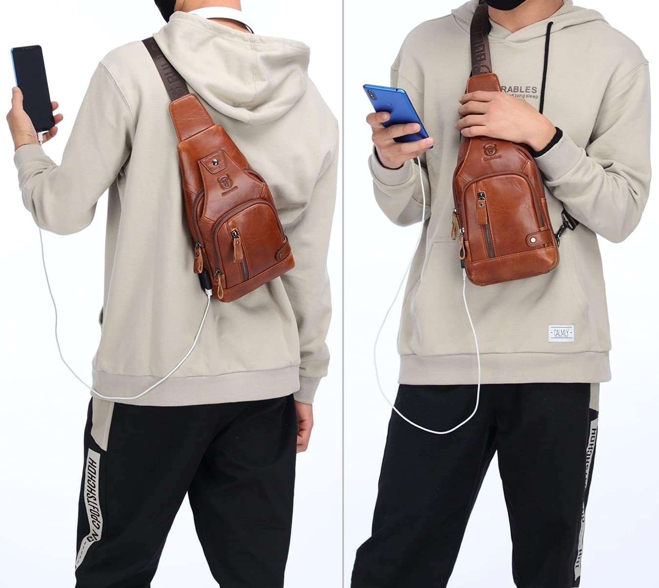BULLCAPTAIN Men Crossbody Bag with USB Charging Port Genuine Leather Shoulder Sling Chest Bag Travel Hiking Backpack (Brown) - Image 7