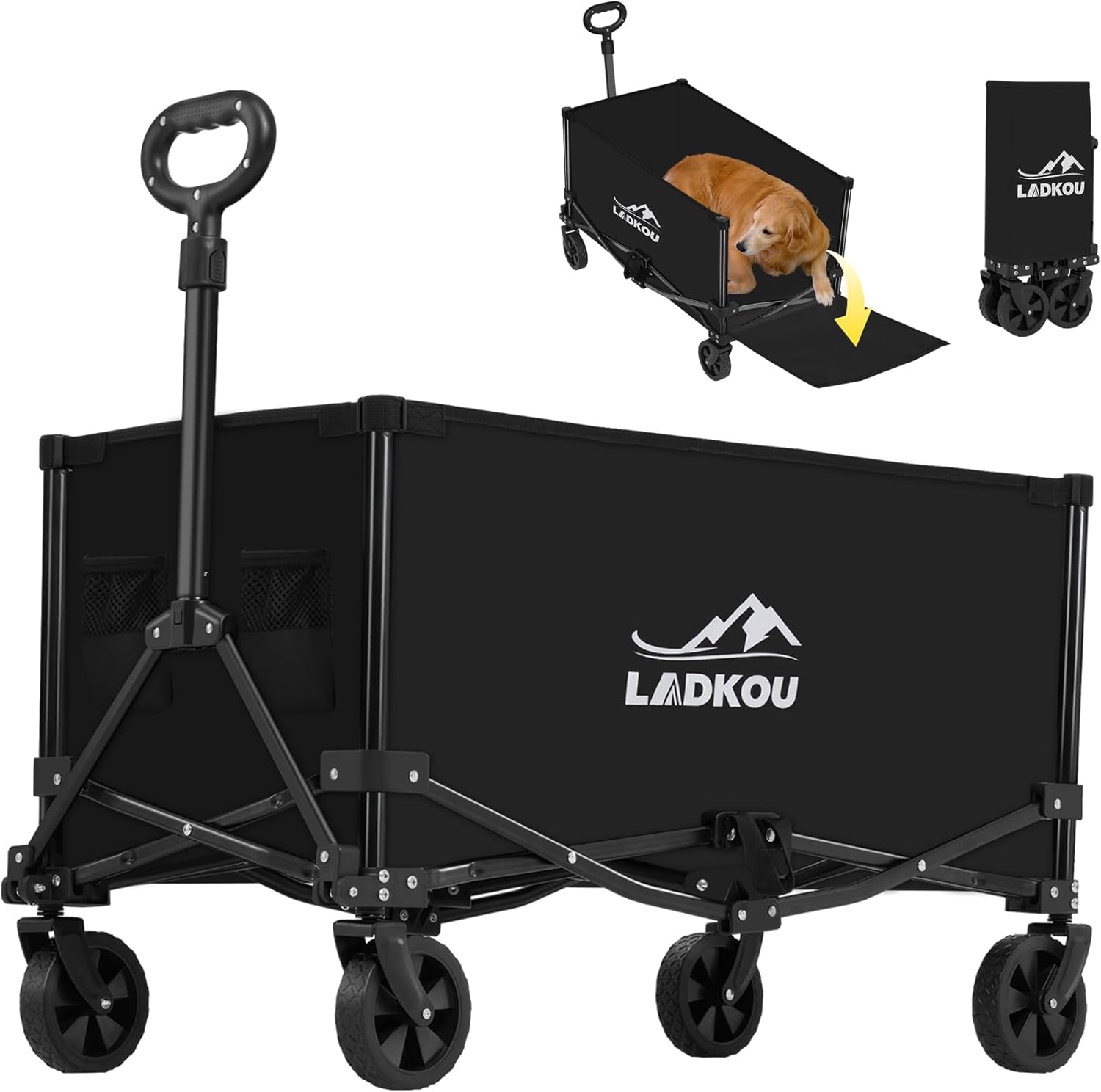 Collapsible Foldable Wagon, Heavy Duty Beach Wagon Cart with 140L Capacity and 220LBS Load, Portable Utility Grocery Wagon for Outdoor Camping Garden, Black
