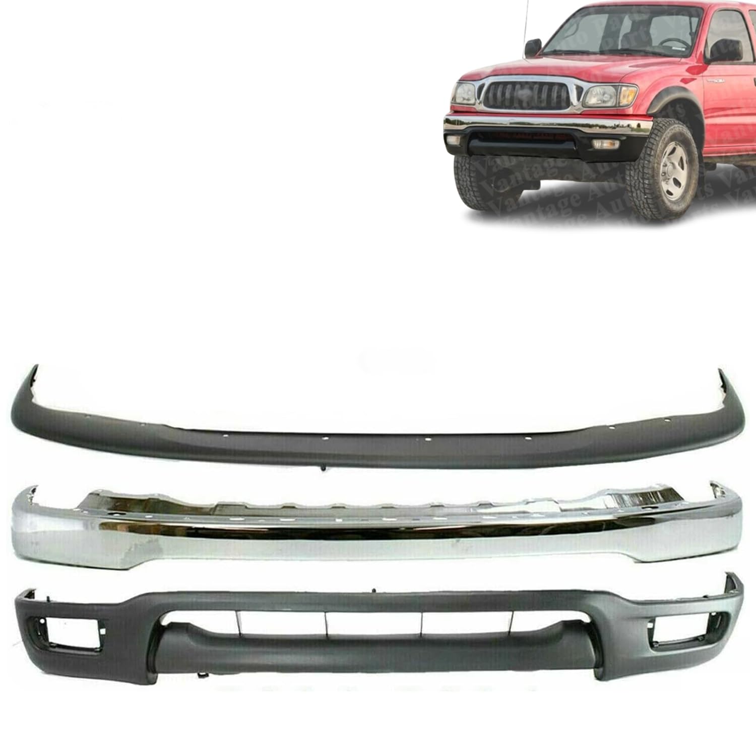 Vantage Auto Parts - Front Bumper Chrome + Upper Filler + Valance Panel Primed Compatible with Toyota Tacoma 2001-2004 | DIRECT REPLACEMENT | 53901AD0
