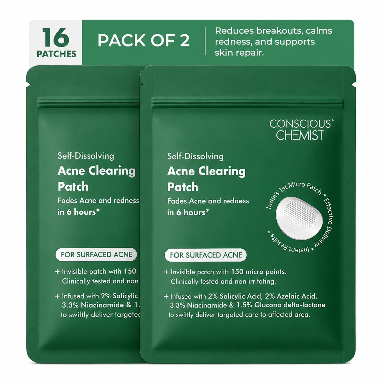 Conscious Chemist® Self Dissolving Microneedle Acne Patches (Pack of 16 Patches) | Painless & Effective Pimple Patches with 2% Salicylic Acid, Azelaic Acid & Niacinamide | Kills Bacteria, Reduces Redness, Scarring & Excess Sebum | Visible Results in 6 Hours-image-24
