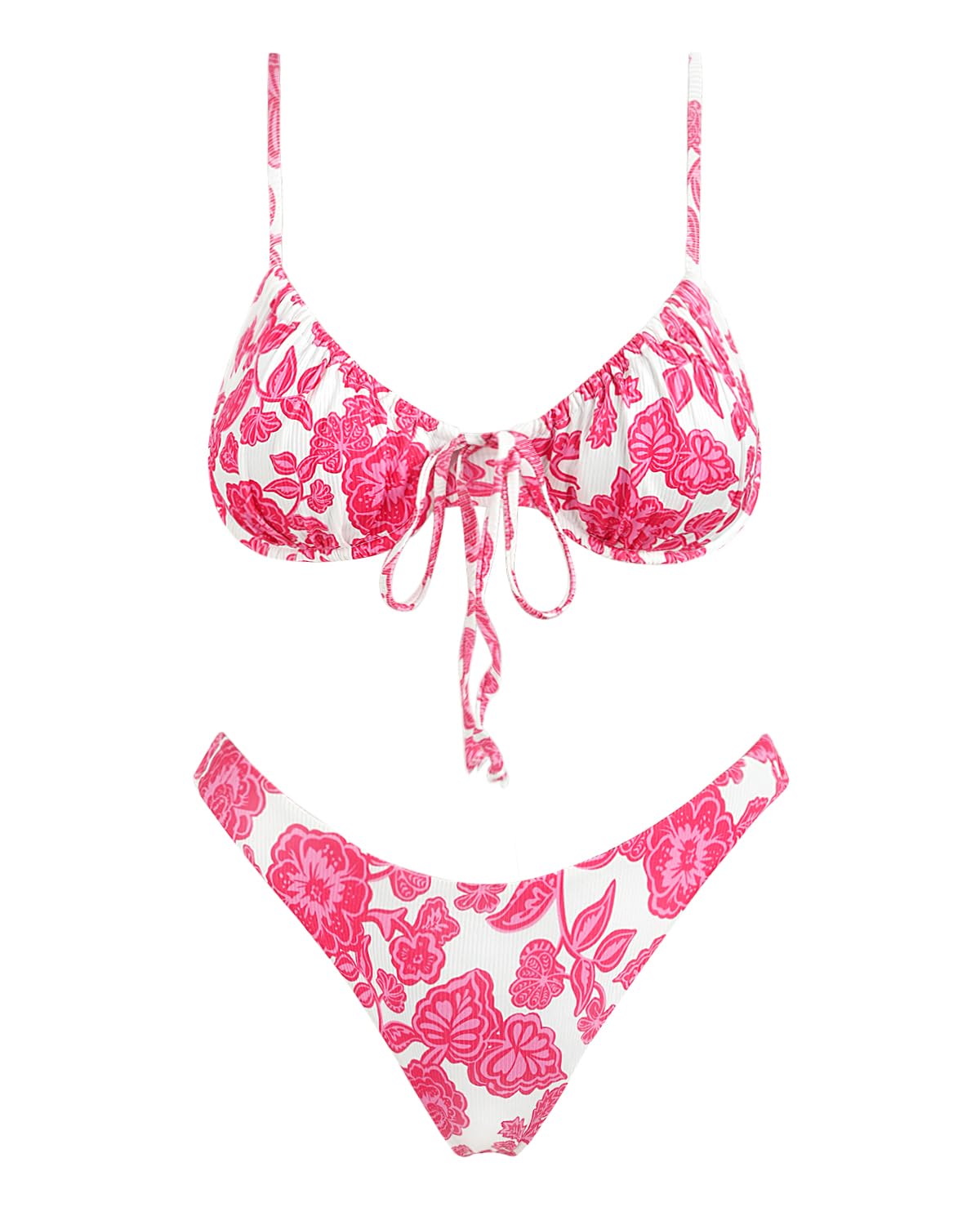 VOLAFA Women's Triangle Bikini Swimsuit Print Push Up Elastic Tie String Top Ribbed Two Piece Bathing Suit Set