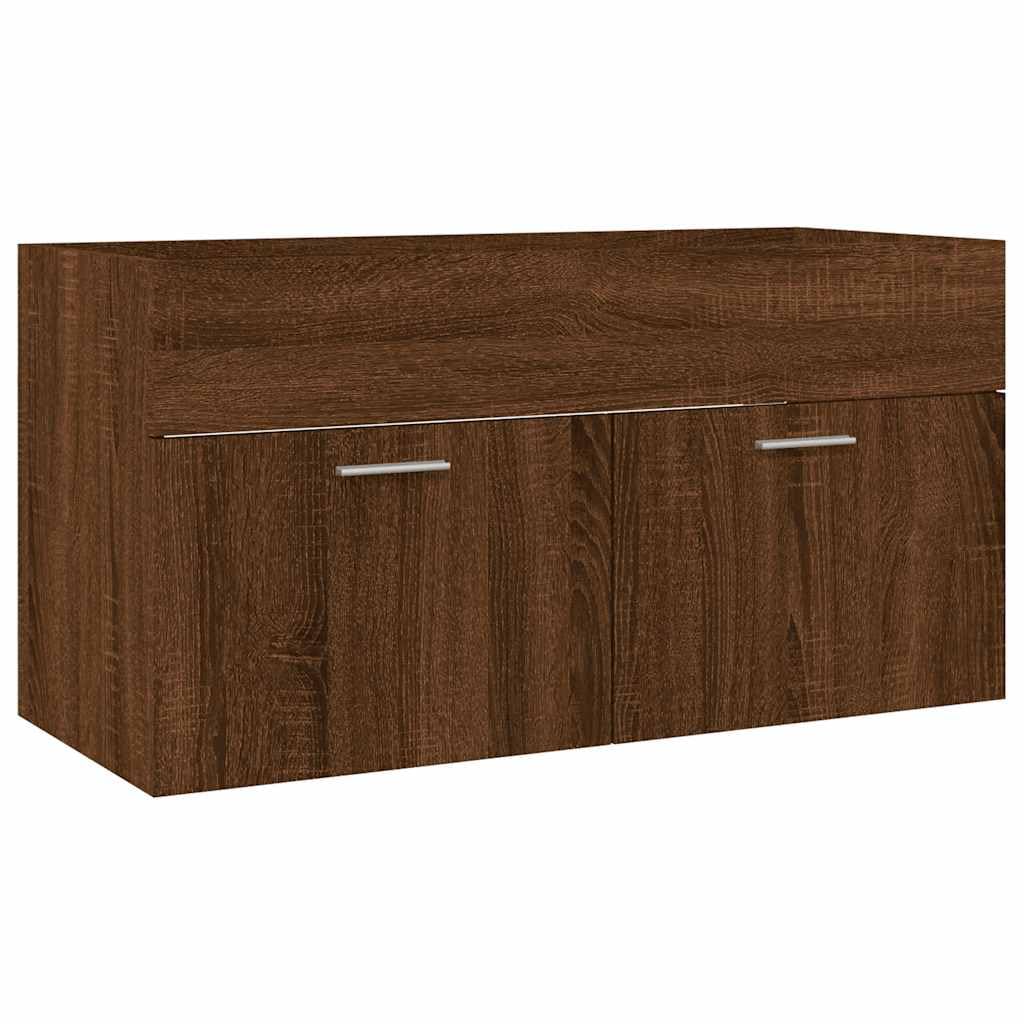 2-częściowy zestaw mebli łazienkowych o wyglądzie dębu, materiał drewnopochodny z szafką pod umywalkę i lustrem, wymiary 90 x 38,5 x 46 cm, oszczędność miejsca, wiszące, dodatkowe miejsce do