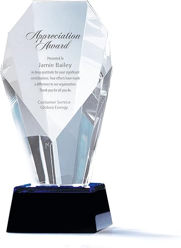 Baudville Premios de trofeo de cristal de foco grabado personalizado con acento azul, viene con elegante caja de regalo negra, reconocimiento del