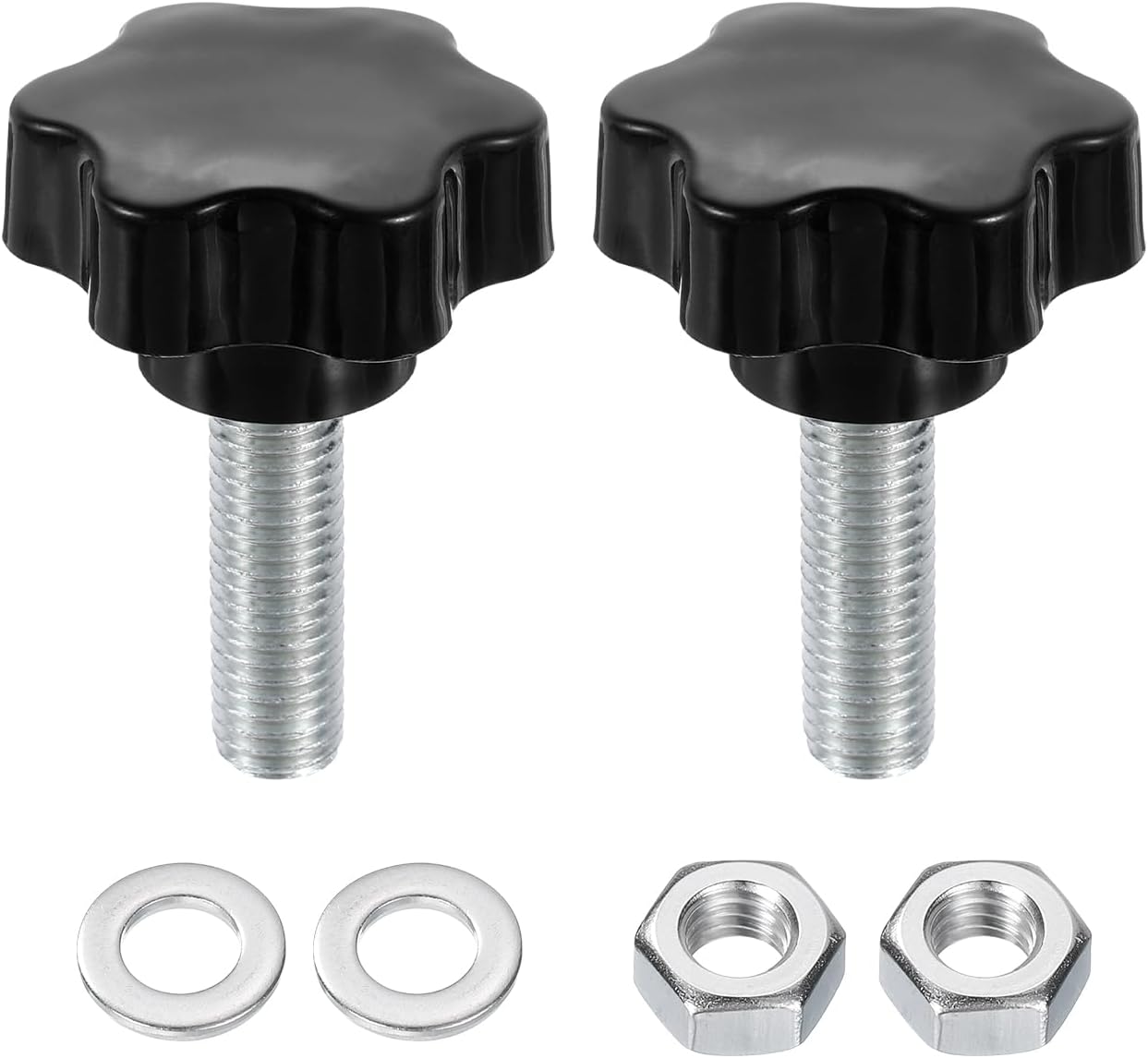 uxcell 2pcs Star Clamping Knobs with Nuts Washers, M12 x 40mm Metric Zinc Plated Carbon Steel Male Thread 48mm 6-Star Plastic Head, Threaded Stud Hand Knobs Handles Thumb Screws, Black