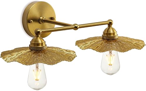 Aplique de pared doble de latón vintage, aplique de pared dorado de doble cabeza con pantalla de pétalos decorativos, lámpara de pared de tocador de