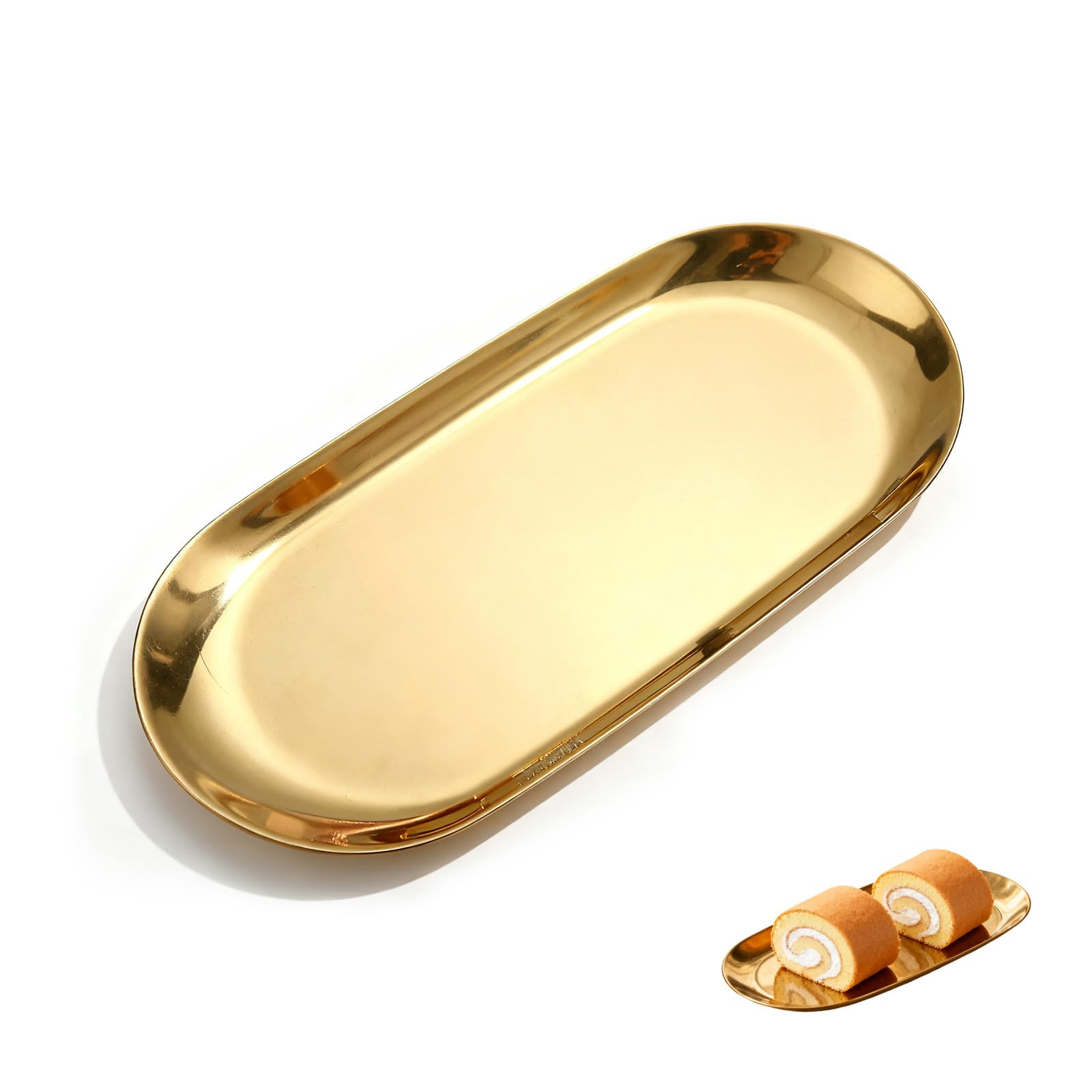 Nevoluxer Gold Trinket Dish, Oval Metal Tray, Stainless Steel Vanity Tray Perfume Tray For Jewellery Makeup Cosmetics Tea Fruit Serving Kitchen Bathroom Bedroom