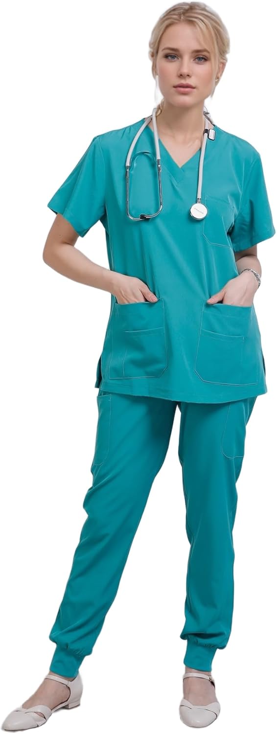 Yoweenton Town Scrubs for Women Scrub Set - Jogger Pant and Comfort Stretch V-Neck Easy Care Uniforms
