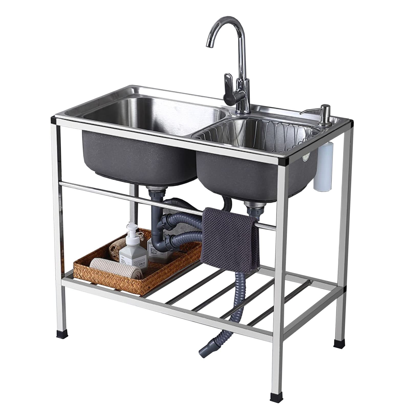 LMYSXAOZ Utility Sink Double Bowl Kitchen Sinks 304 Stainless Steel with Storage Shelf Freestanding Outdoor Faucet for Laundry Room