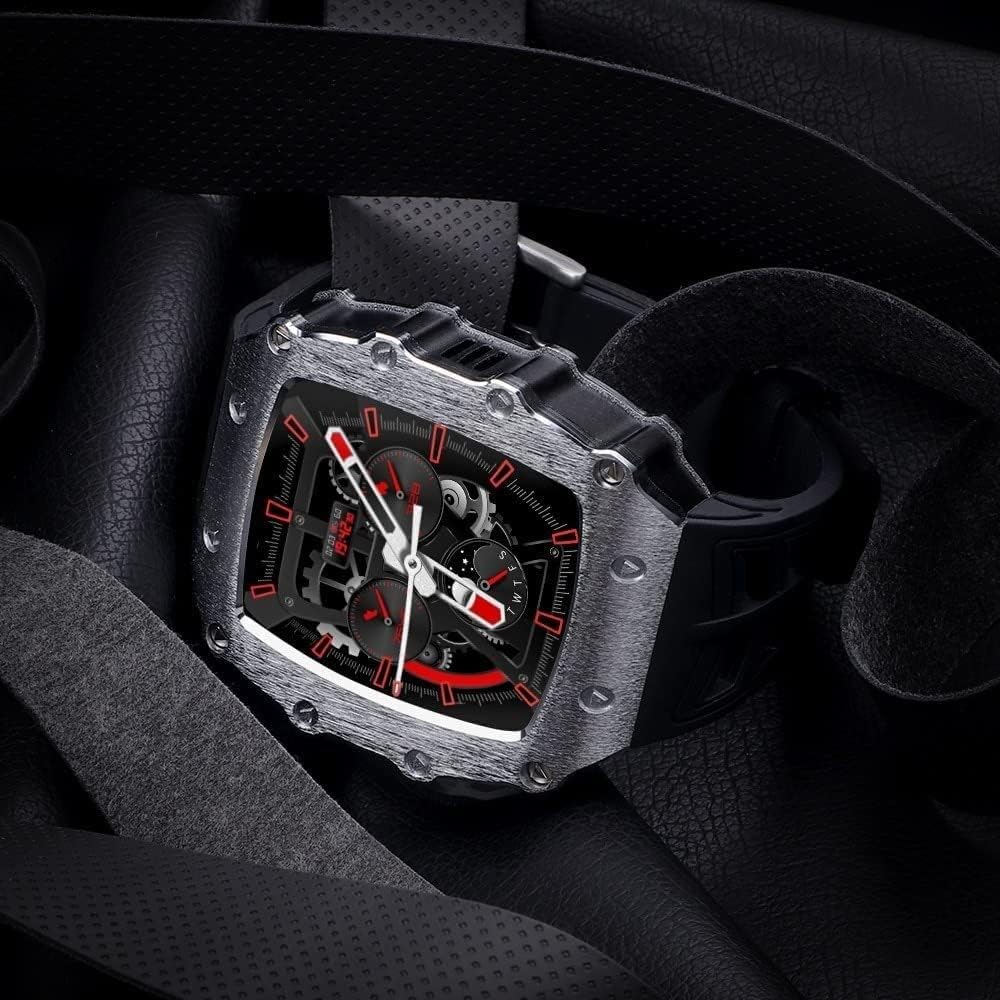 SCHIK Luxury Stainless Steel bumper Watch Case，For Apple Watch 8 7 45mm with Mod Kit Rubber Strap for men fluororubber band and Steel Buckle Case Set，For iWatch Series 6 5 4 SE 44mm image 2