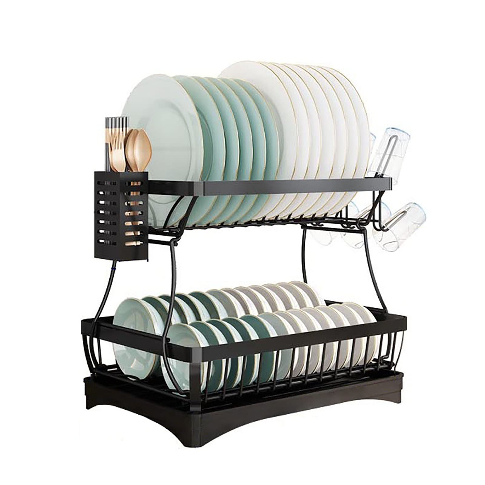 SaryEdge Dish Drainers Stainless Steel Dish Drainer,2 Tier Dish Rack With Detachable Cup Rack And Utensil Holder,360° Swivel Spout Drainboard Large Capacity Dish Drainer For Ute,A