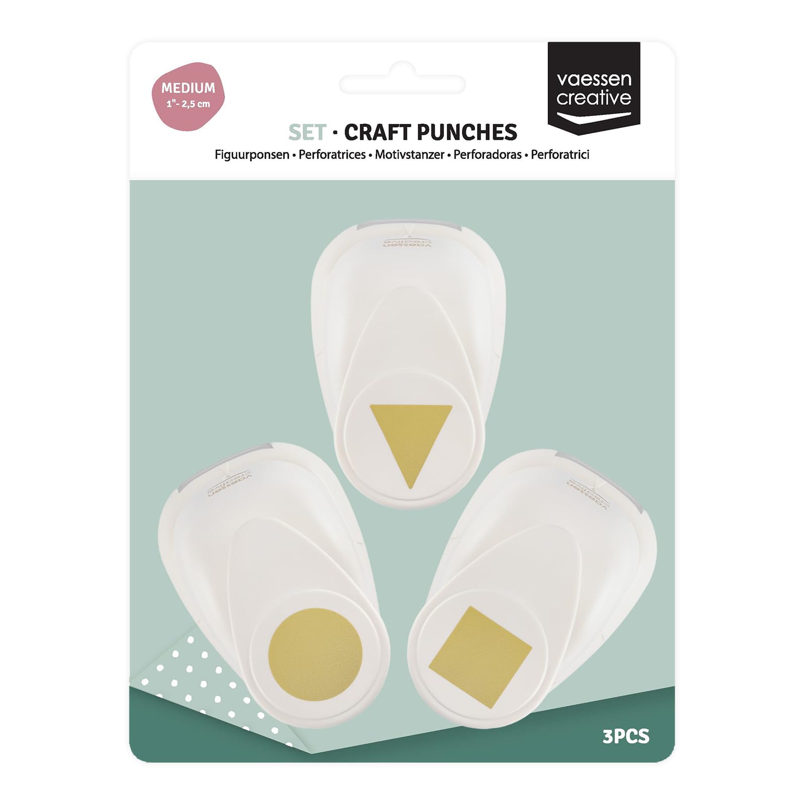 Vaessen Creative Stanzer Set - Motivstanzer - Kreis, Quadrat, Dreieck - 3 Stück - Tonpapier und Bastelmaterial bis zu 250 g/m² - zum Basteln Mit Papier und Scrapbooking, Weiß-gold