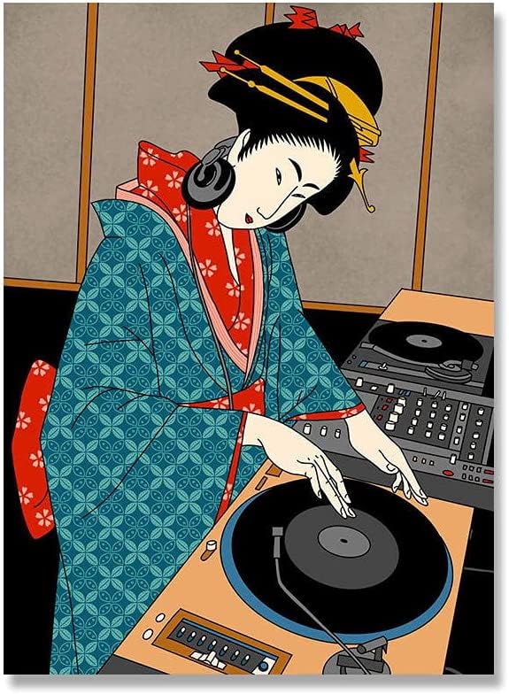 WOODEY Wall Art 27.6x35.4in(70x90cm) Frame Japan Dj Geisha Poster