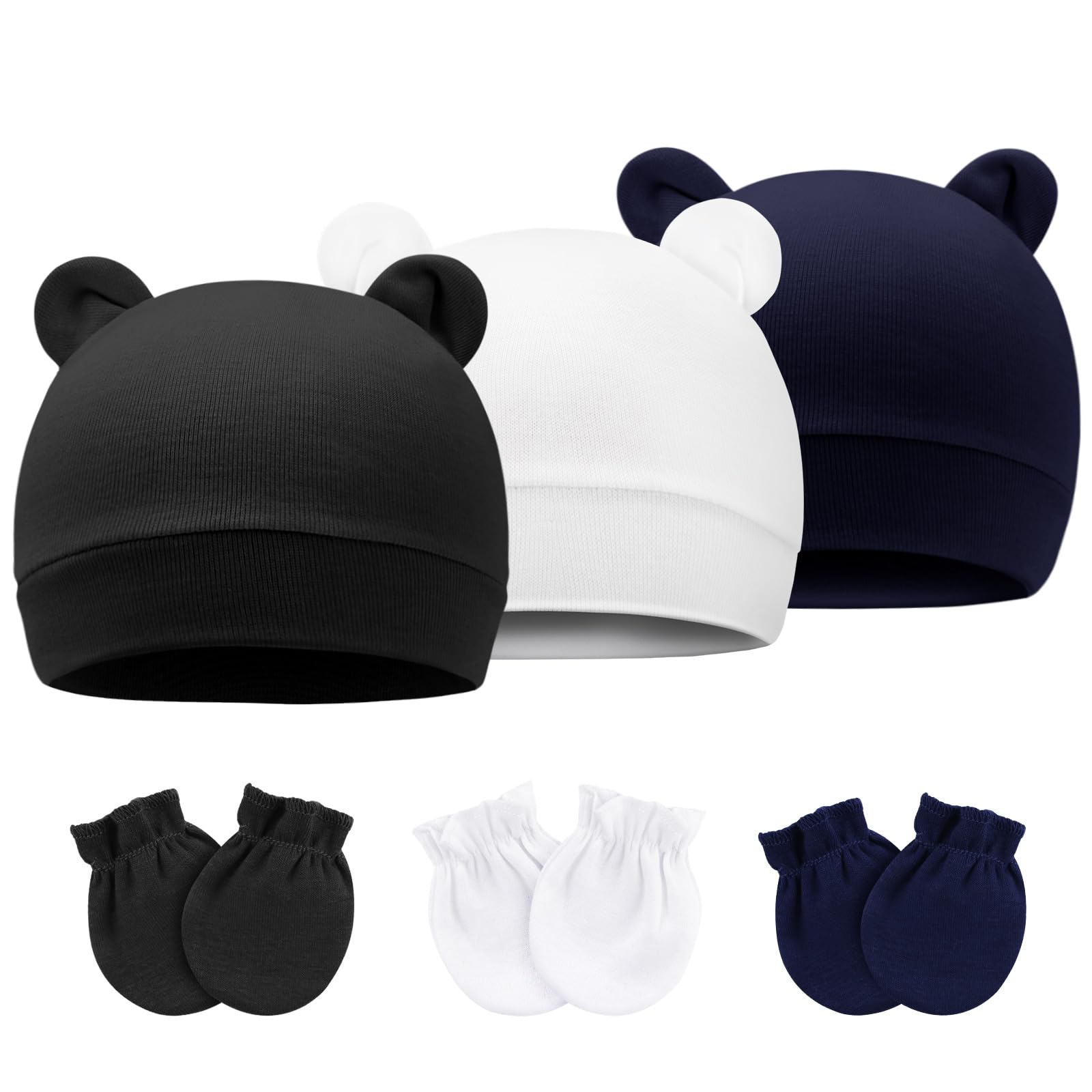 DRESHOW Newborn Baby Hats Mittens Set Hospital Hat Beanie Bear Ears Infant Caps Baby Cotton Gloves No Scratch Mittens for 0-6 Months