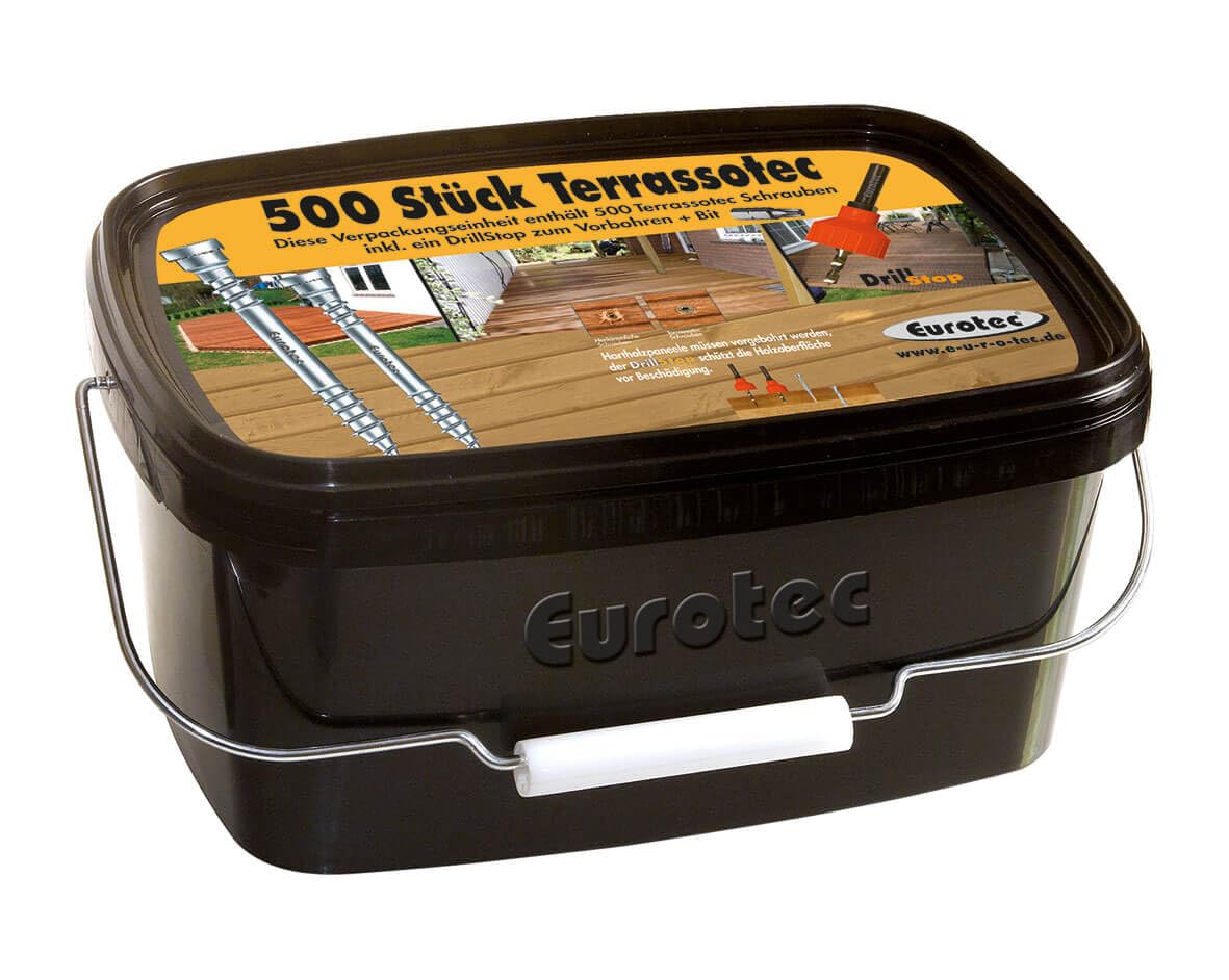 Eurotec, Terrassotec Terrassenschrauben 500 Stück; Edelstahl gehärtet; TX25; im Eimer, inkl. Drillstopbohrer + Bit (Größe: 5,0 x 70 mm)