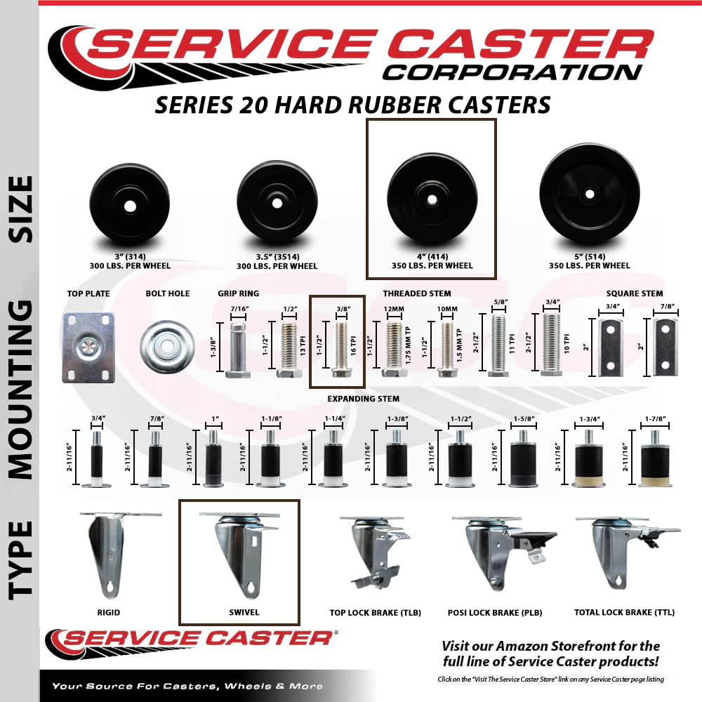 4" Swivel Caster with 3/8" Threaded Stem and Hard Rubber Wheel - 300 lbs. Capacity - Service Caster Brand