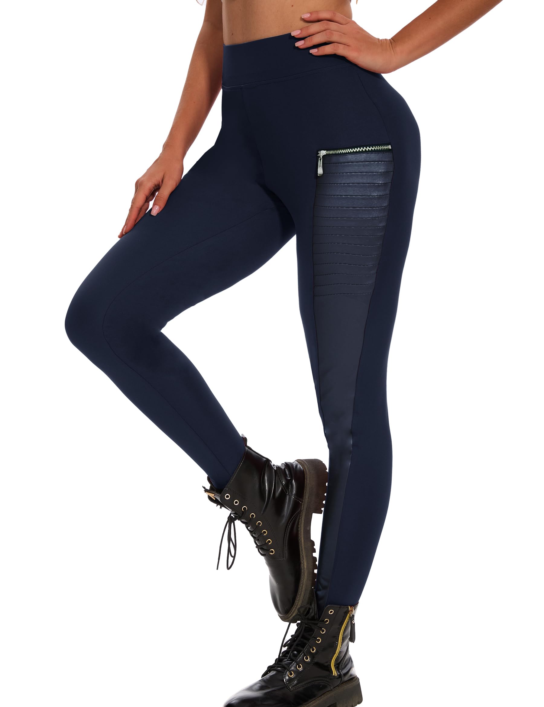 DAOAO Faux Leather Leggings for Women Pleather Pant Elastic Mid Waisted Stretchy Patch Zip Tights: X-Large Navy