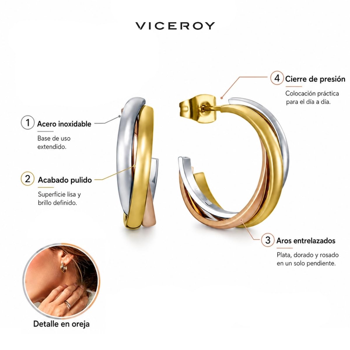 Viceroy Pendientes Air para Mujer de Acero Inoxidable en Tres Tonos - Diseño de Aros Entrelazados - Combinación Plata, Dorado y Rosado