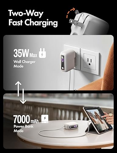 Miniatura 3 de LISEN Cargador de viaje rápido 3 en 1, cargador de pared de 35 W y banco de energía de 27 W, cargador portátil con cable USB-C integrado de 3.3 pies