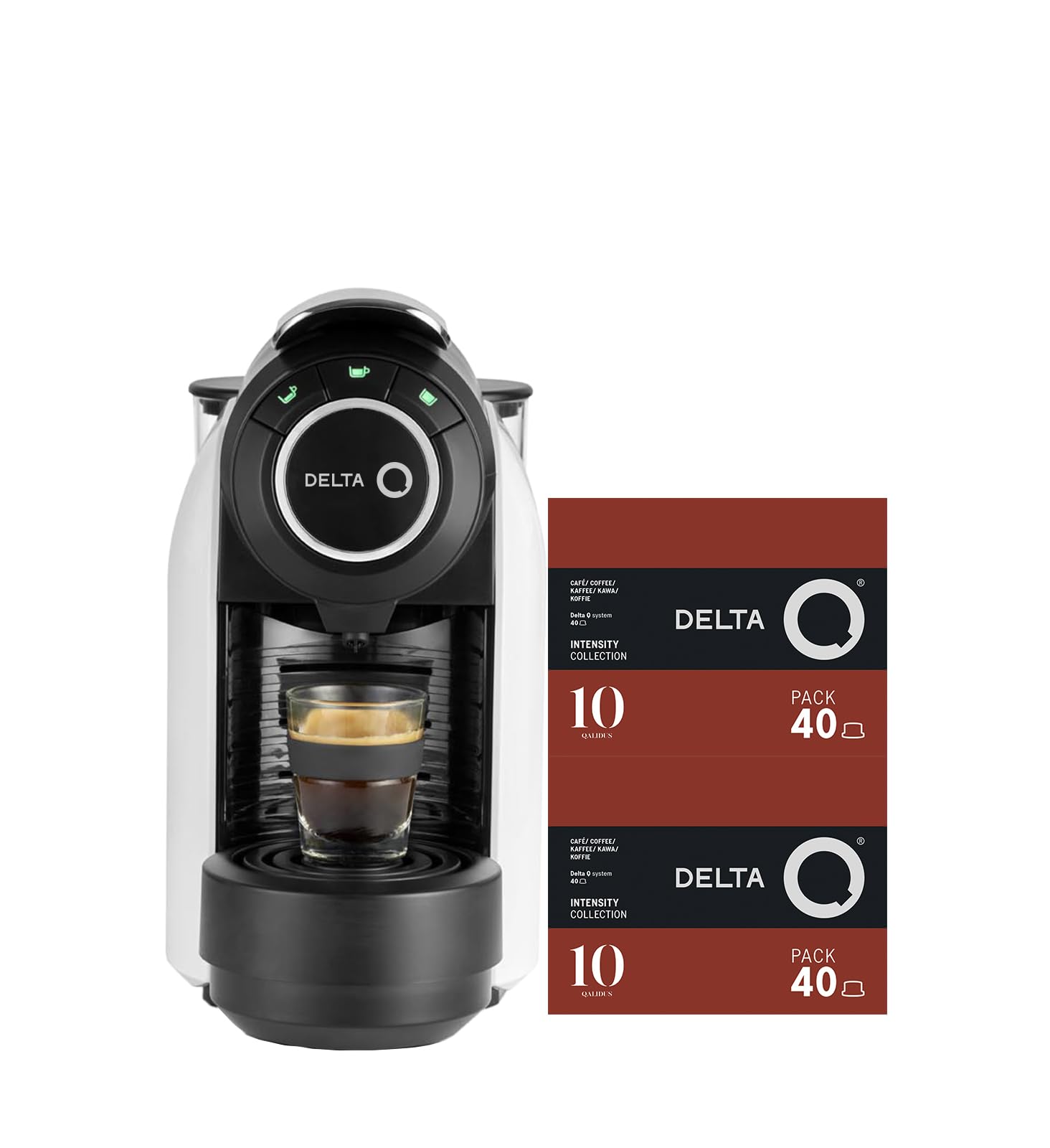 Delta Q - Cafetera de Cápsulas Qool Evolution - Color Blanco - 19 Bares de Presión - Capacidad de 1 L - Incluye 2 Packs de 40 Cápsulas de Café Qalidus de Intensidad 10