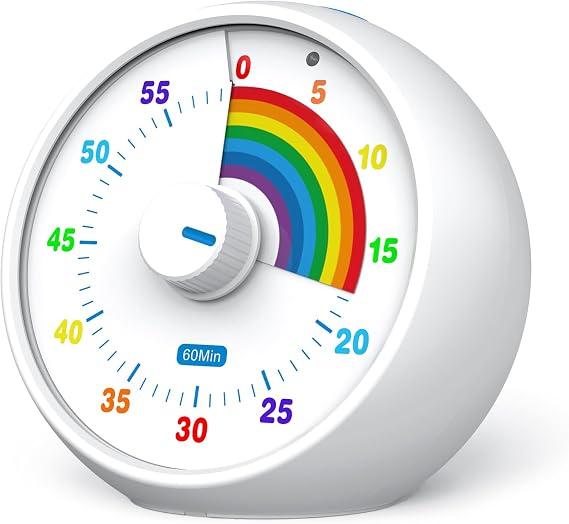 Children's 60-Minute Visual Timer Classroom & Kitchen Countdown Timer Study Desk Timer Rainbow Pattern Children's Time Manager Tool White