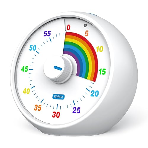 Visual Timer for Kids, 60-Minute Countdown Timer for Classroom Office Kitchen, Desk Timer Kids Time Management Tools with Silent Operation, Pomodoro Timer Rainbow Pattern (White)