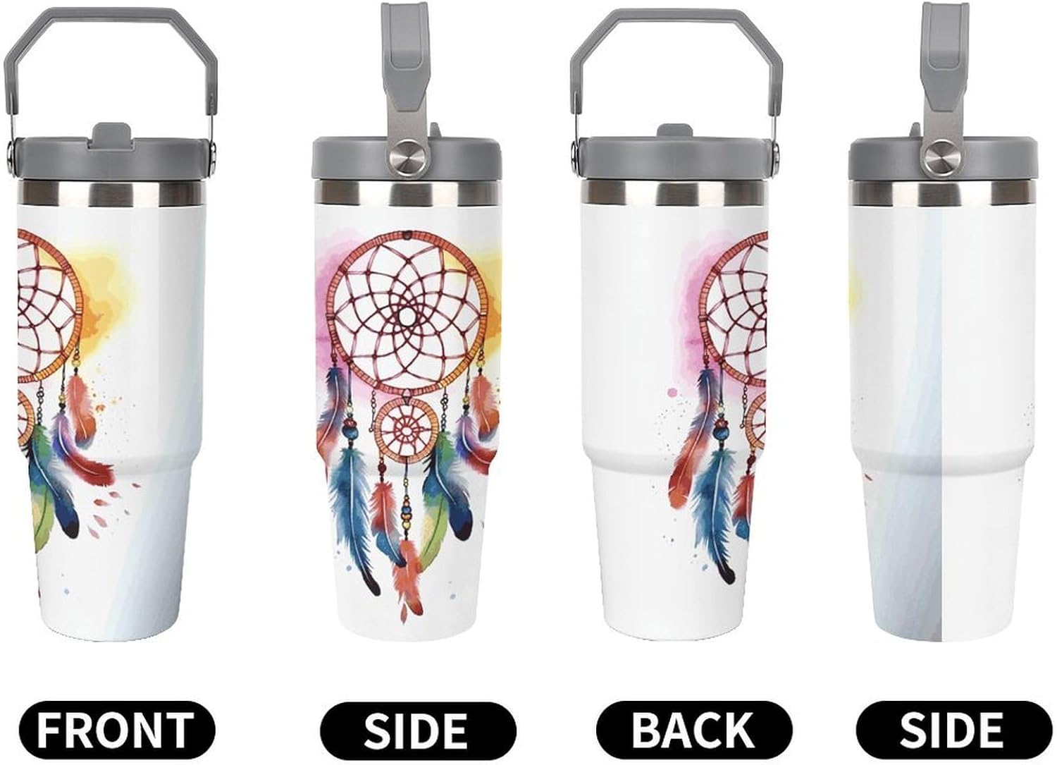 Watercolor Dream Catcher Water Bottle 30 Oz Fits Car Cup Holder,Insulated Coffee Mug Large Capacity Car Cups,Stainless Steel Double Wall Sport Bottle for Travel Sports Gym