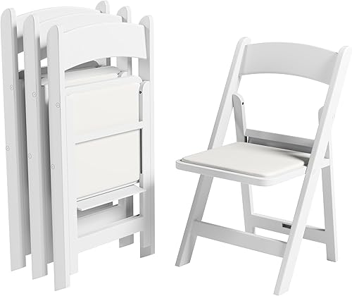 Miniatura 9 de Paquete de 4 sillas plegables de resina blanca con asiento acolchado, resistentes, resistentes a la intemperie, apilables, asientos de eventos para
