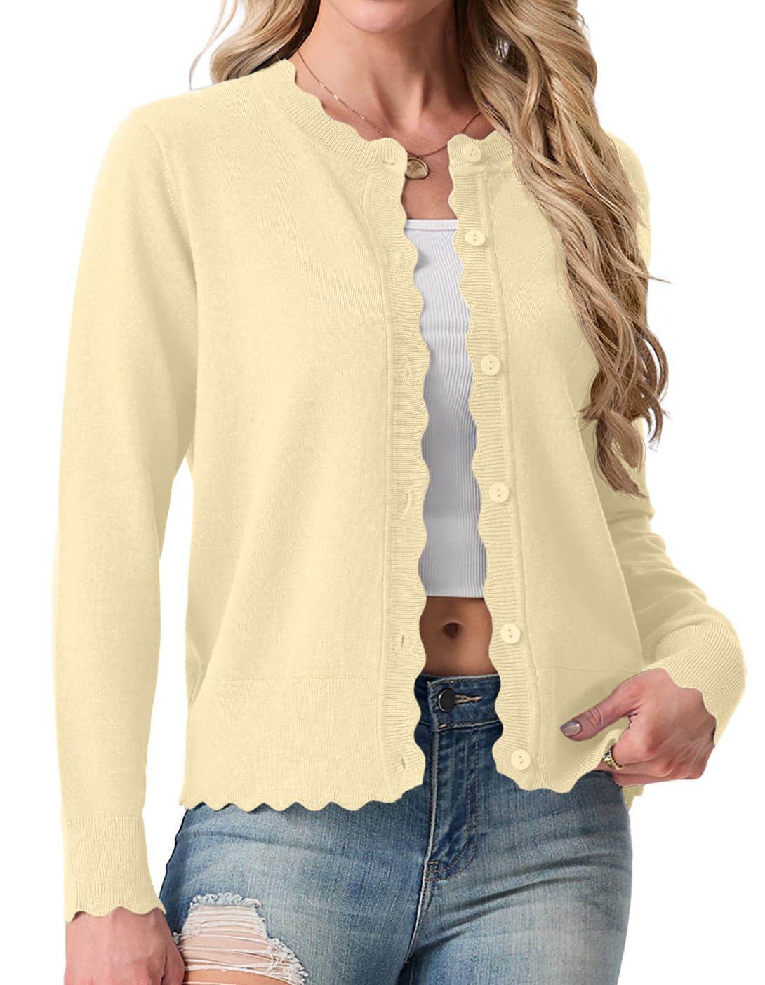GRECERELLE Strickjacke Damen Kurz mit Rundhals und Knöpfen Leichte Langarm Cardigan Casual Wellenförmiger Rippensaum Strickjacken für Damen