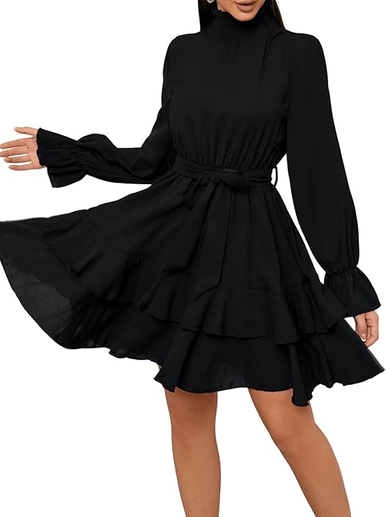 SweatyRocks Women's Elegant High Neck Flounce Sleeve High Waist Ruffle Belted Party Mini Dress Black L