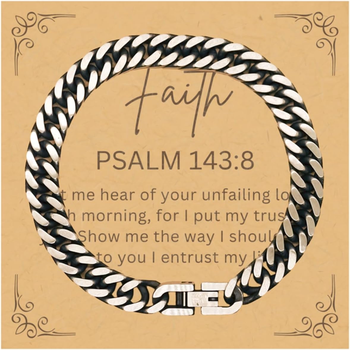 PARN'S Gifts For Christian Bible Verse - Psalm 143:8 - Cuban Link Bracelet Faith Gifts For Son Dad Brother Nephew Boyfriend Husband, Religious Jewelry Bracelet Message Card Box, Small, silver
