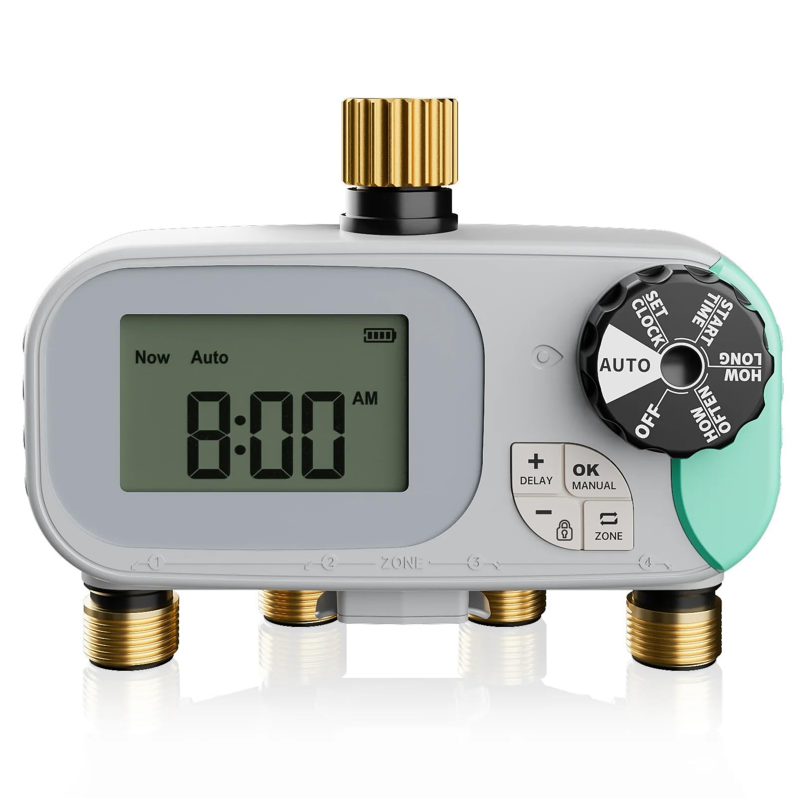 Timer for irrigazione programmabile con ingresso e uscita in ottone a 4 zone, di irrigazione del prato con ritardo pioggia/manuale/automatico