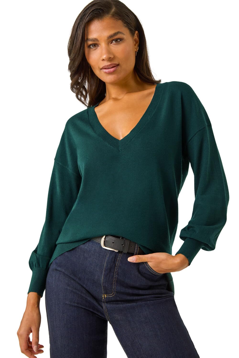 Roman Women's Dark Green V-Neck Stretch Jumper In Size 20