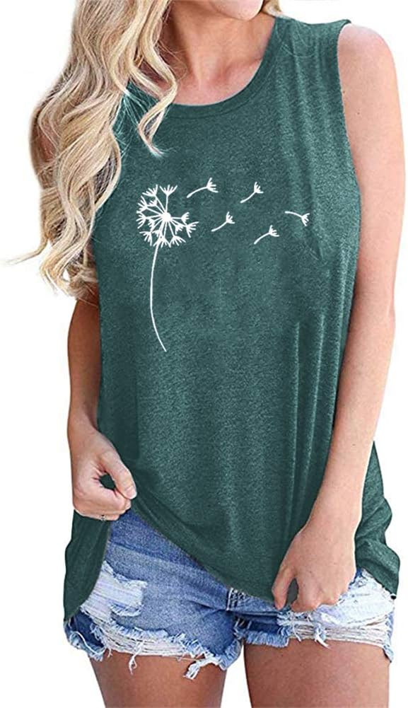 Wudia Womens Cute Vintage Dandelion Graphic Tank Tops Summer Cotton Sleeveless Tees Tops