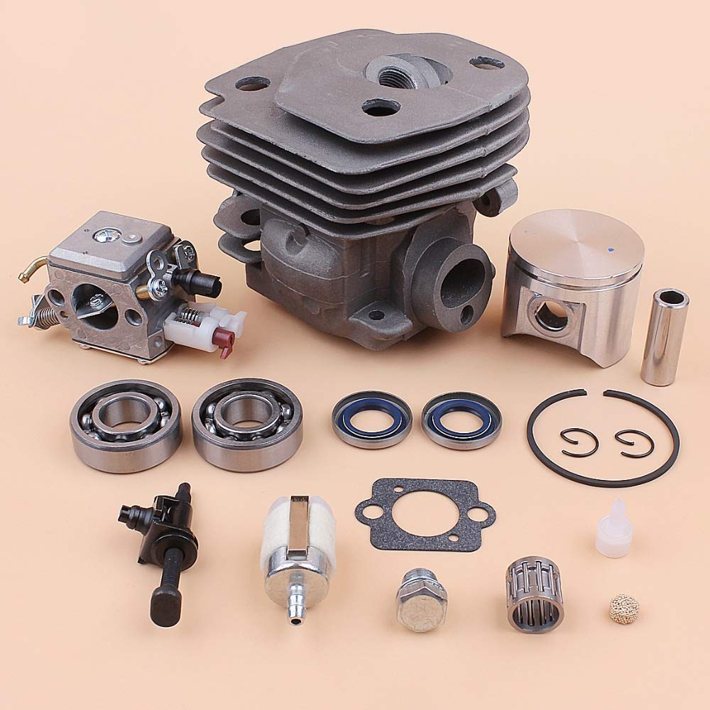 Tiempo Beixi 47 mm Cilindro del pistón Rodamiento Carburador Cadena Tensor de ventilación del depósito Compatible con Husqvarna 357 XP 357XP 359 Piezas de Repuesto for motosierras