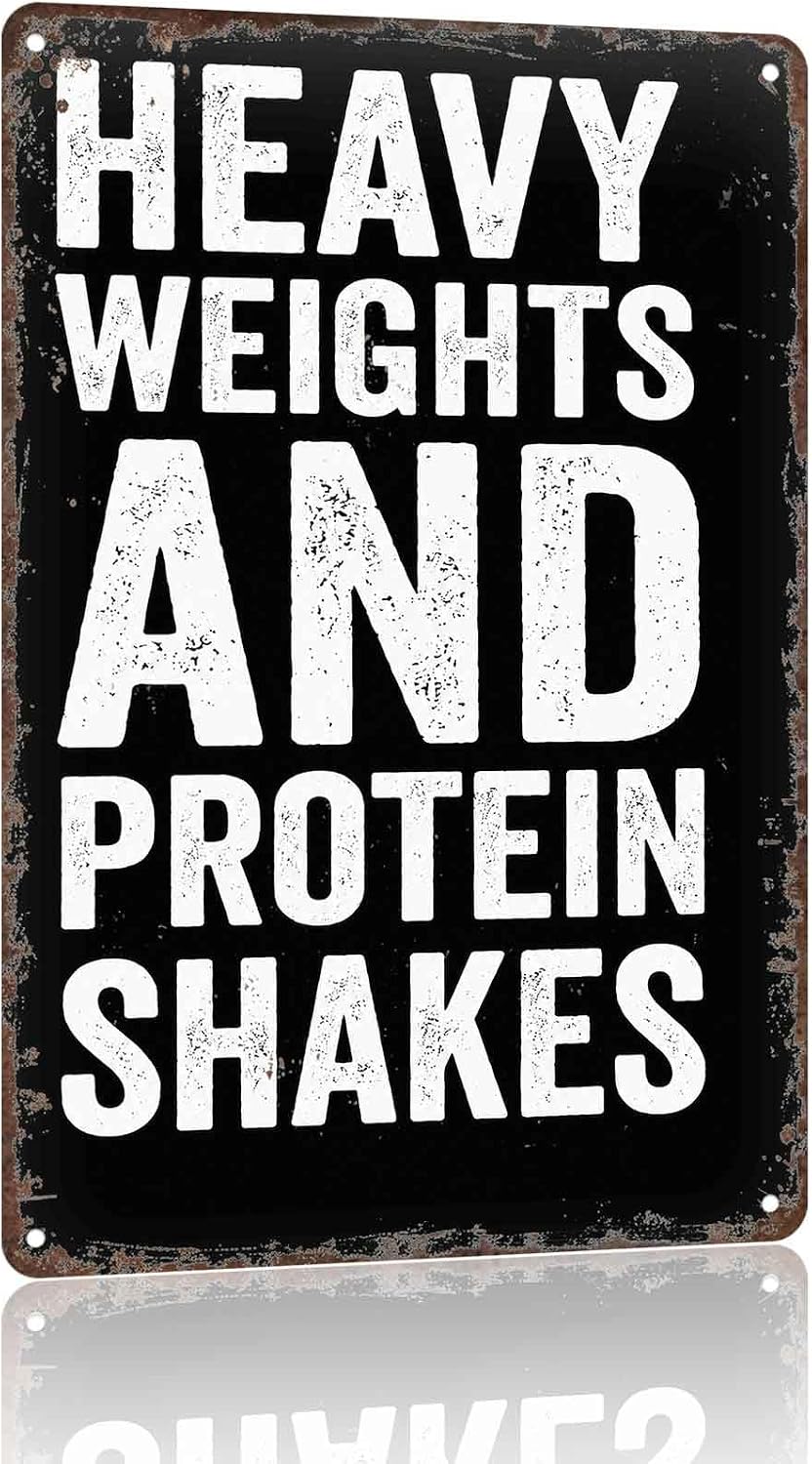 Retro Gym Metal Sign 8x12 Inch Heavy Weights And Protein Shakes