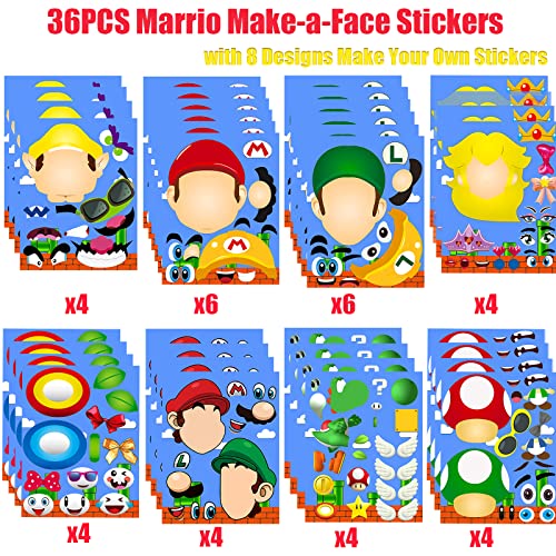 36Pcs Mario Make-A-Face Stickers, Make Your Own Stickers Fun Craft Project For Kids, Mixed And Matched With 8 Designs Characters Stickers For Party Decoration, Class Reward, Book Decor, Birthday Gifts #TOP1