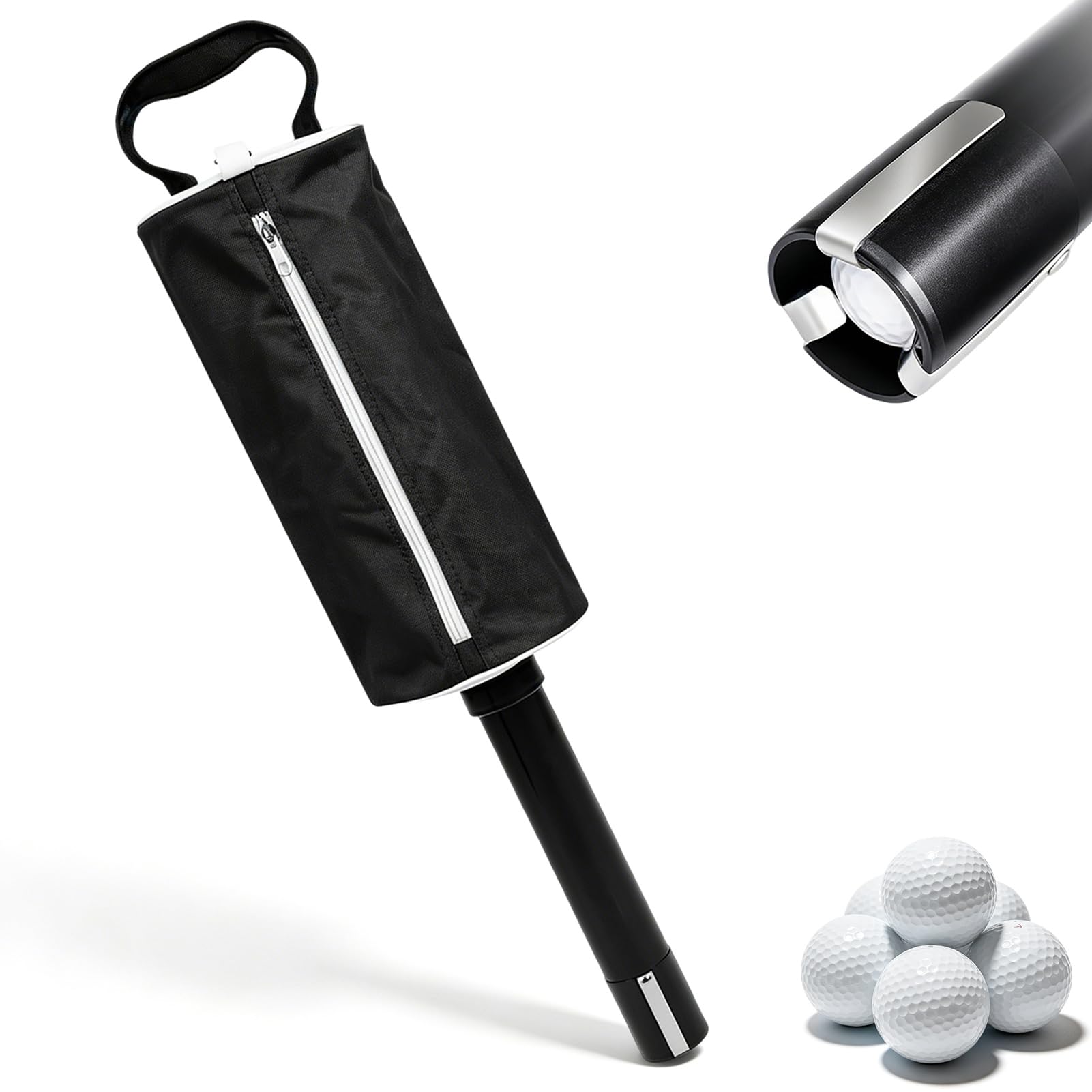 HERCHR Golf Pick up Bag, Hold 70 Balls, Portable Golf Shag Bag Golfball Retriever Ball Shagger Picker Accessory with Detachable Aluminum Alloy Tube (Black)