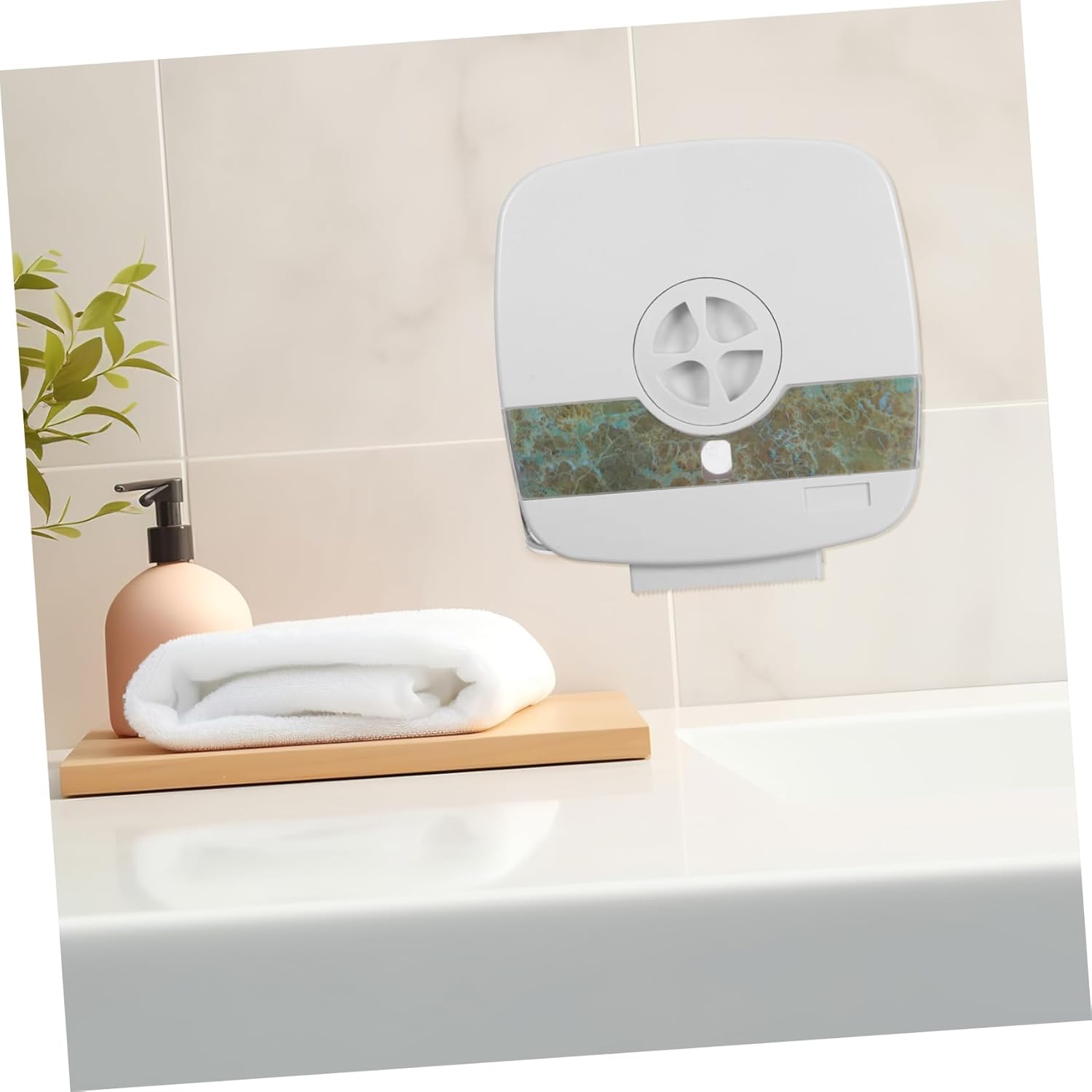 White Enclosed Toilet Paper Holder with Decor, Bathroom Tissue Storage for RV/Camper