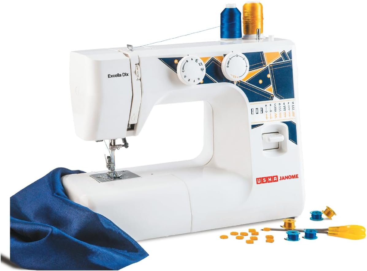 Janome Excella DLX Automatic Zig-Zag Electric Sewing Machine || 13 Built-In-Stitches || 21 Stitch Function (White & Blue) with complementary Sewing Lessons in Nine languages