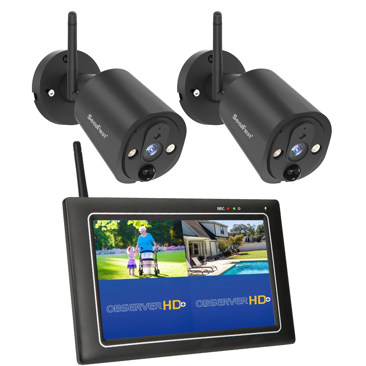 Kit de Cámara de Vigilancia al Aire Libre Inalámbrica con Monitor Interior | SecuFirst DVR Pantalla Táctil de 7 Pulgadas + 2 x Vídeo 2 K Camera Bebe Trabajando sin WiFi,AI Detector Movimiento, Sirena