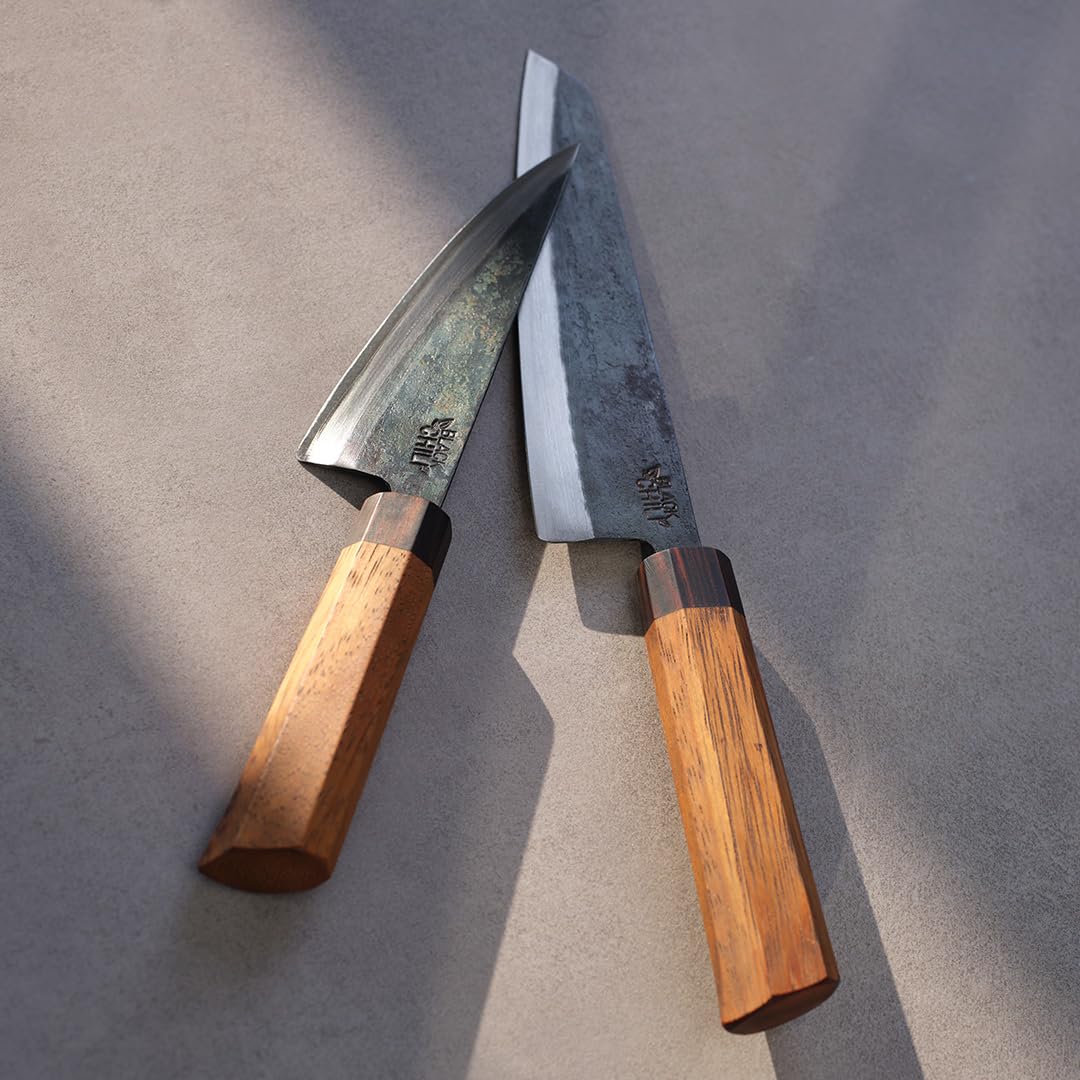 Küchenmesser Set (2-teilig) | Santoku Messer & Gemüsemesser mit Eisenholz Griff | 13 & 17 cm Carbonstahl Klinge | Kochmesser für Fleisch und Gemüse | HABANERO-17 & JALAPENO-13